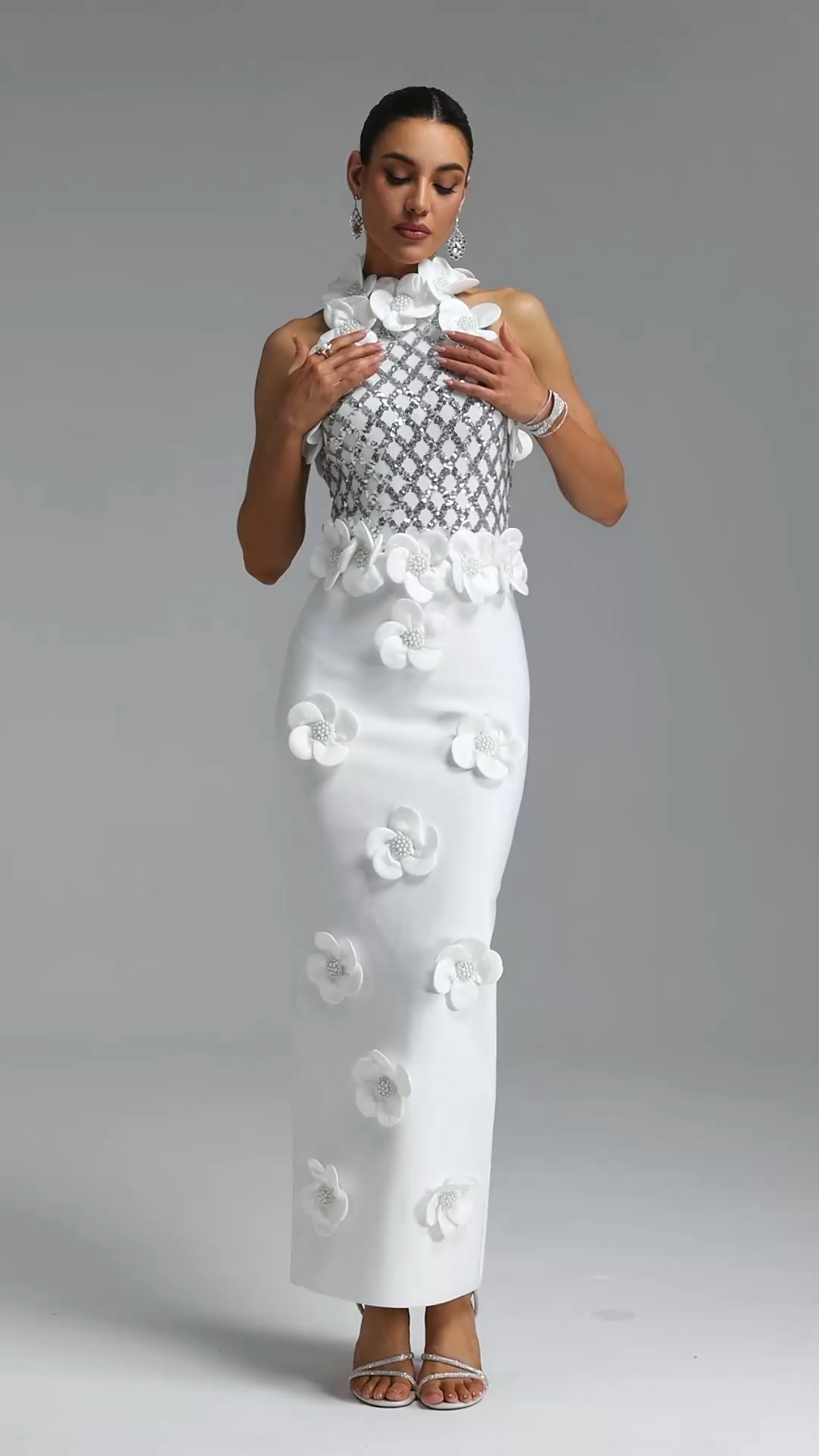 Jacqueline Gorgeous Slim Pearl Floral Bandage Beige Black Maxi Evening Dress