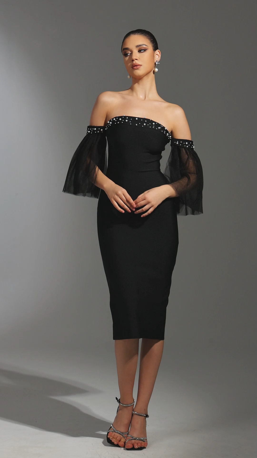 Fayie Off The Shoulder Pearl Bandage Midi Dress