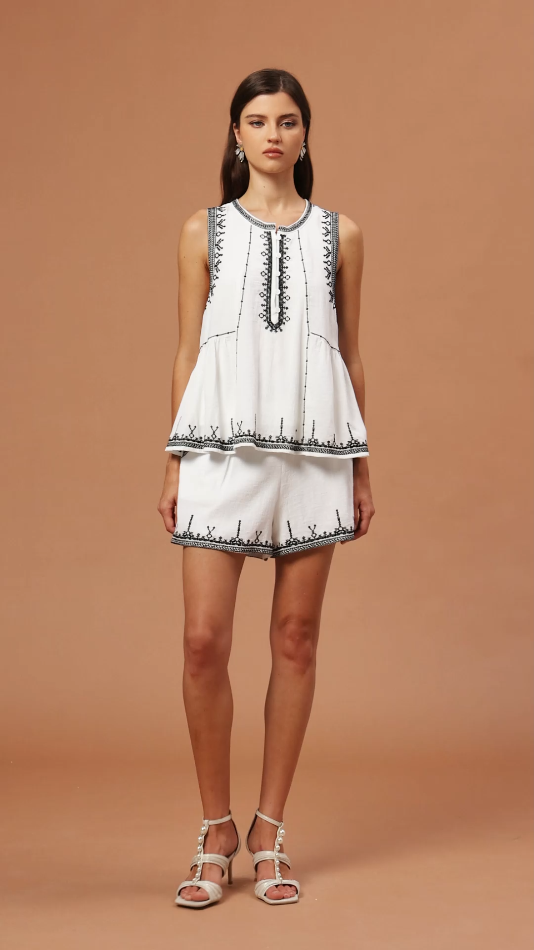 Fanny Round Neck Sleeveless Embroidery Top And Shorts Two-Piece Set