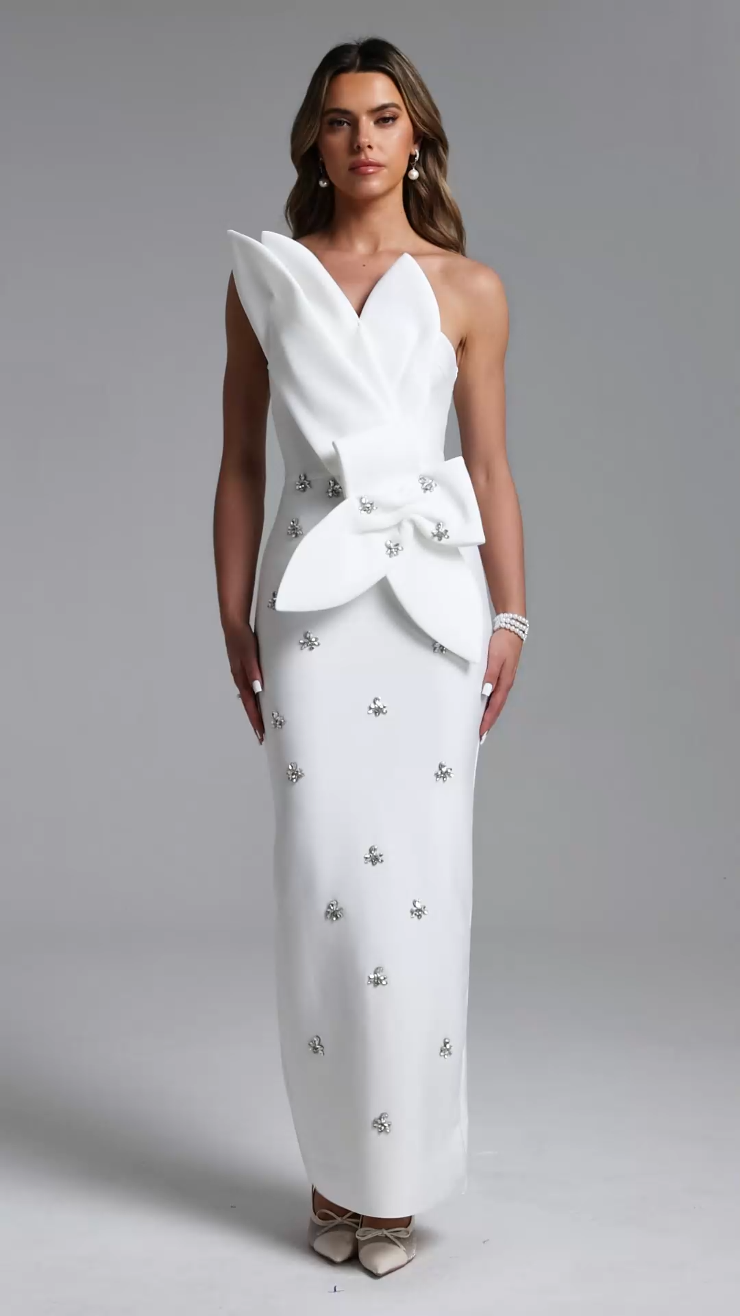 Ohney Chic Contour Strapless Asymmetric Rhinestone Maxi Dress