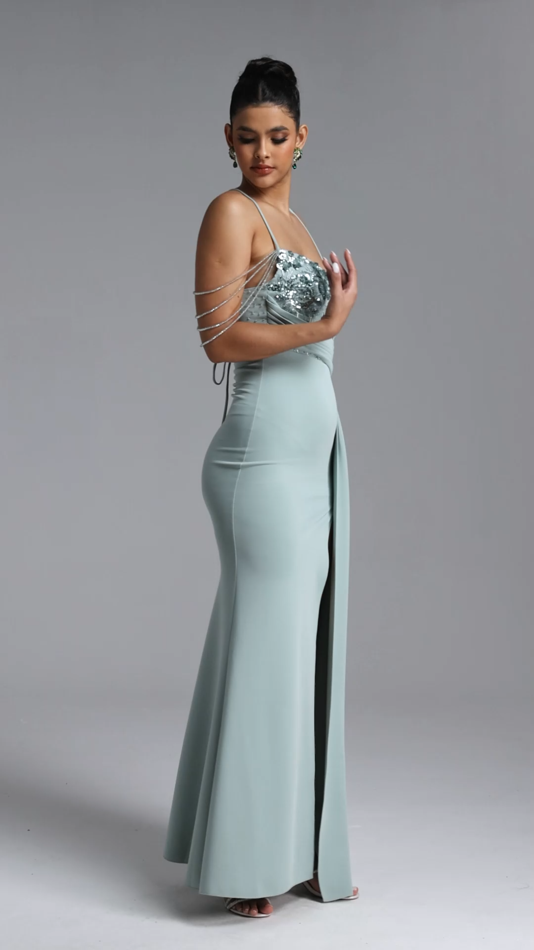 Miaka Elegant Contour Pleated Embellished Floral Satin Maxi Dress