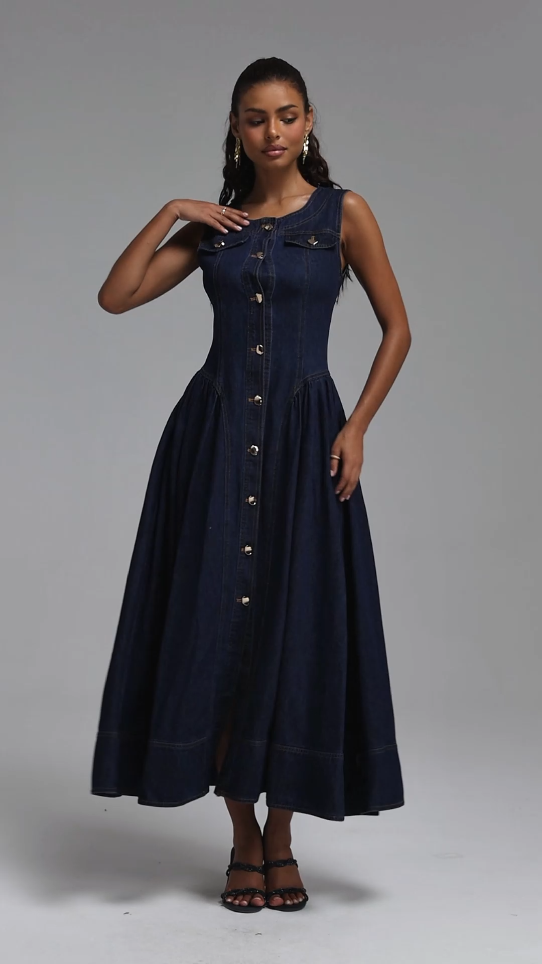 Sanna Chic Tailored Sleeveless Flared Gathered Denim Maxi Dress