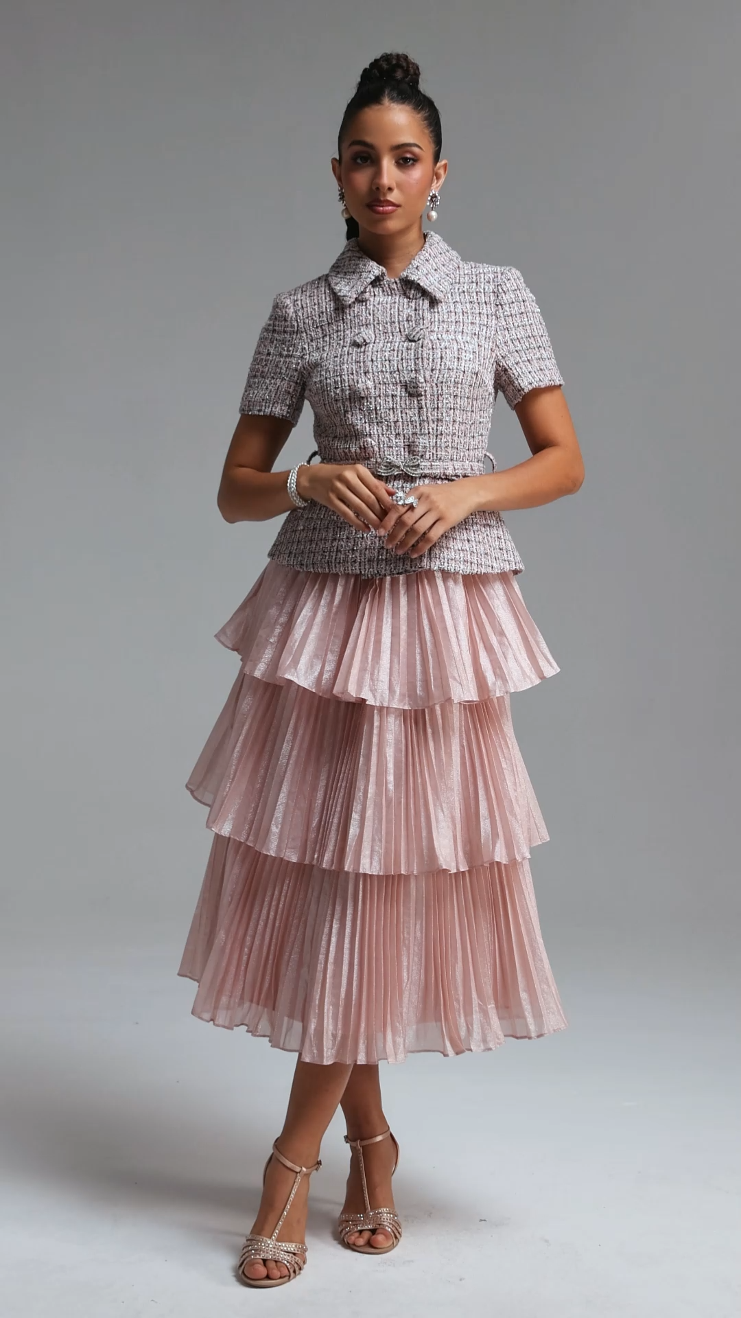 Fabia Elegant Tailored Short Sleeve Pleated Woven Maxi Dress