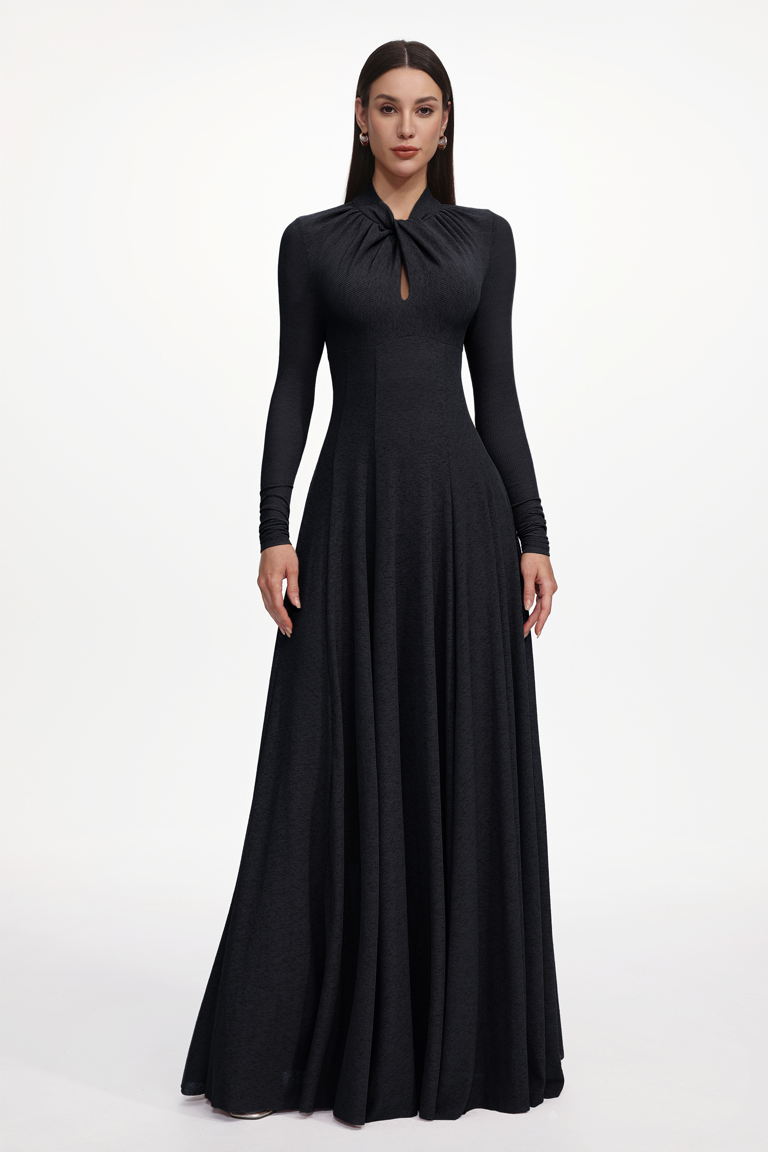 Dekia Elegant Contour Long Sleeve Twist Knit Black Maxi Dress