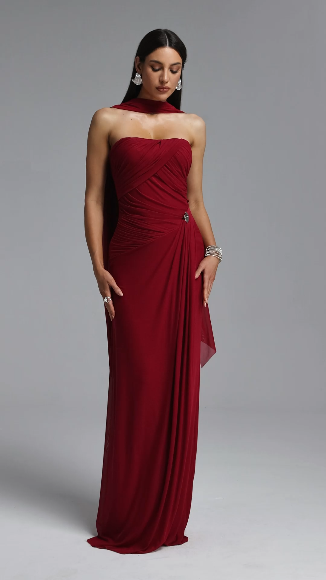 Yuma Elegant Flowy Strapless Cape Ruched Maxi Dress