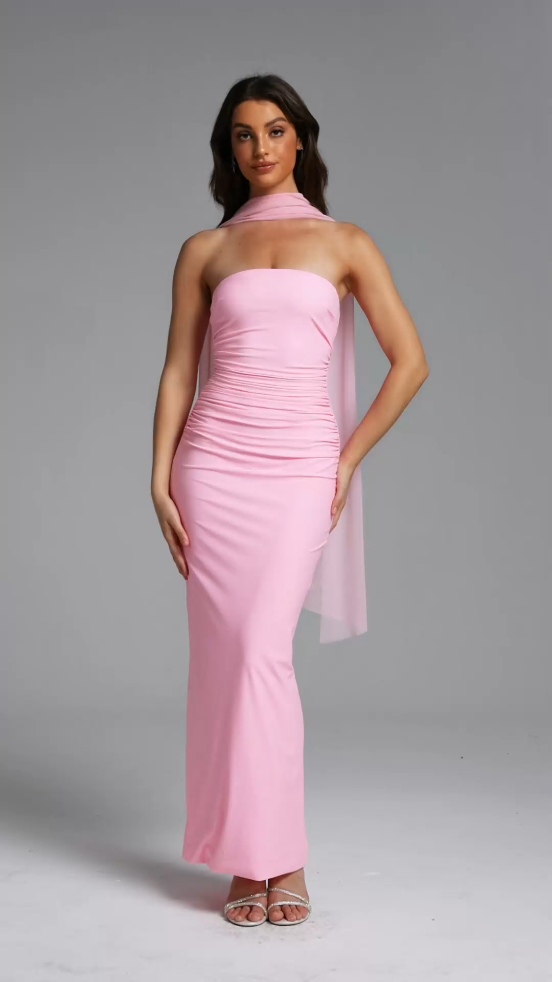 Winry Romantic Contour Strapless Ruched Scarf Maxi Dress