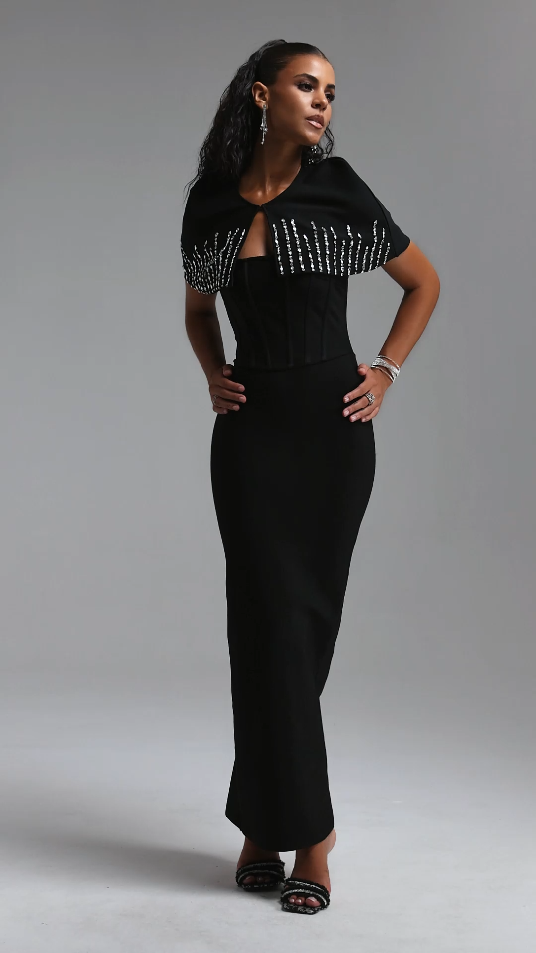Frances Elegant Contour Rhinestone Shawl Strapless Black Bandage Maxi Dress Set