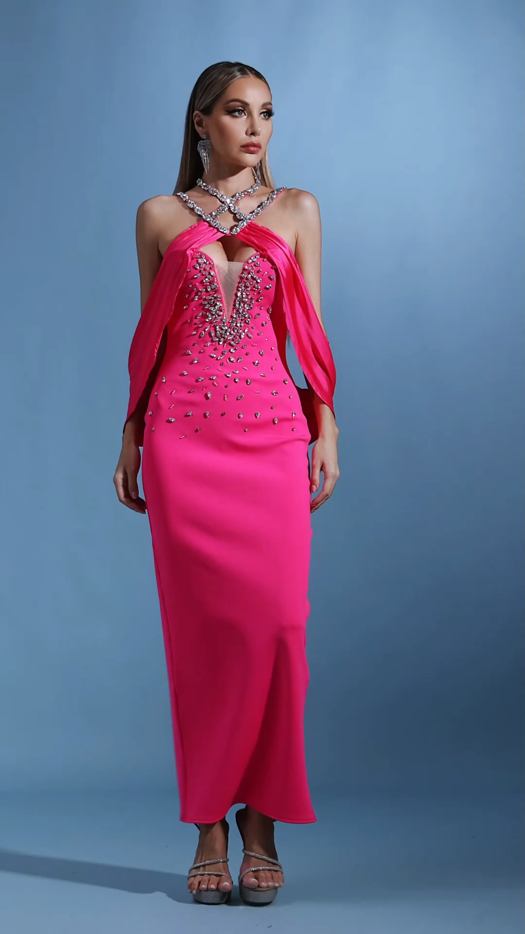 Ingrid Halter Sleeveless V-Neck Diamond Bandage Maxi Dress