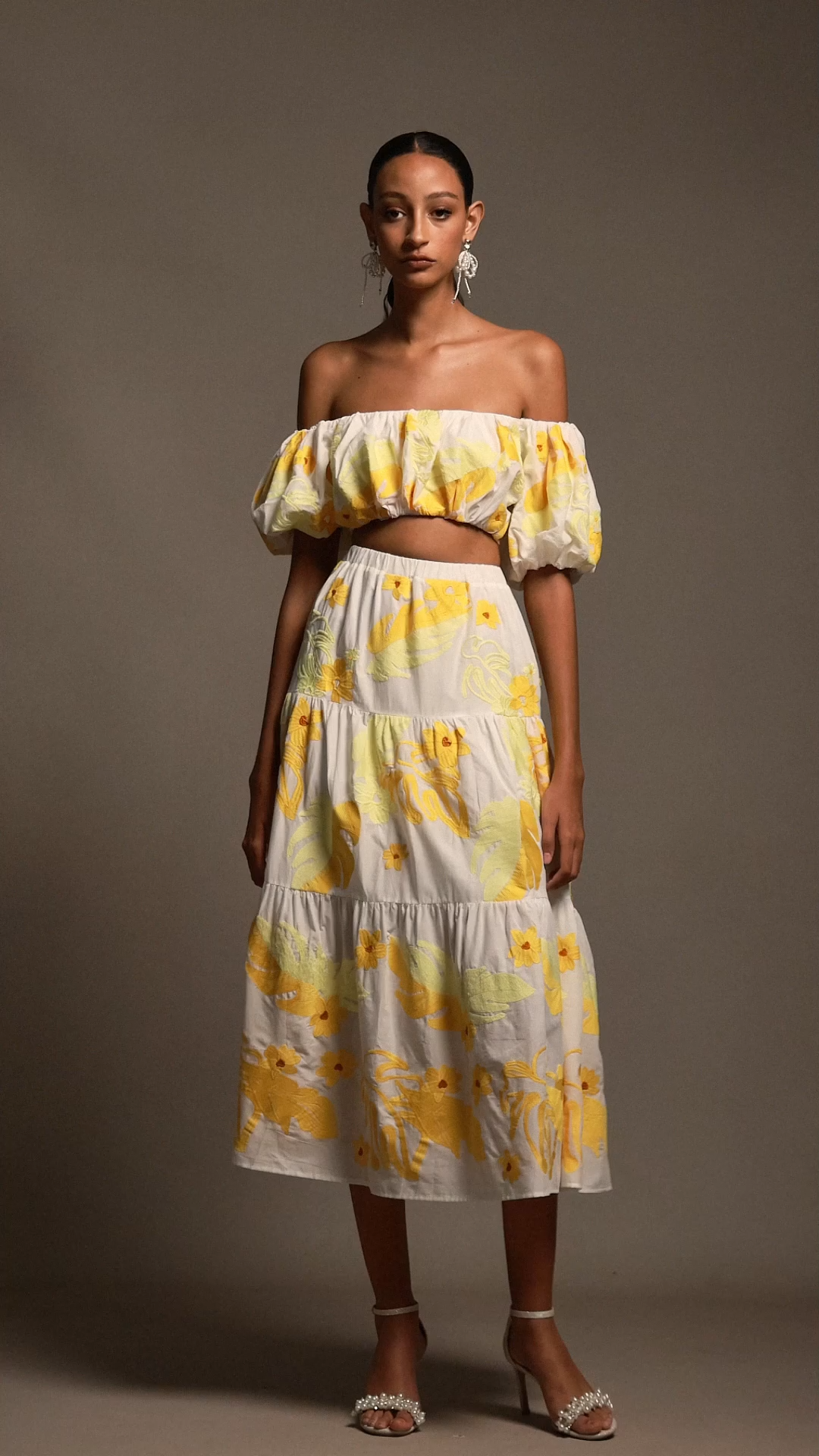 Floral Off-The-Shoulder Floral Printed Puff Sleeves Two-Piece Set