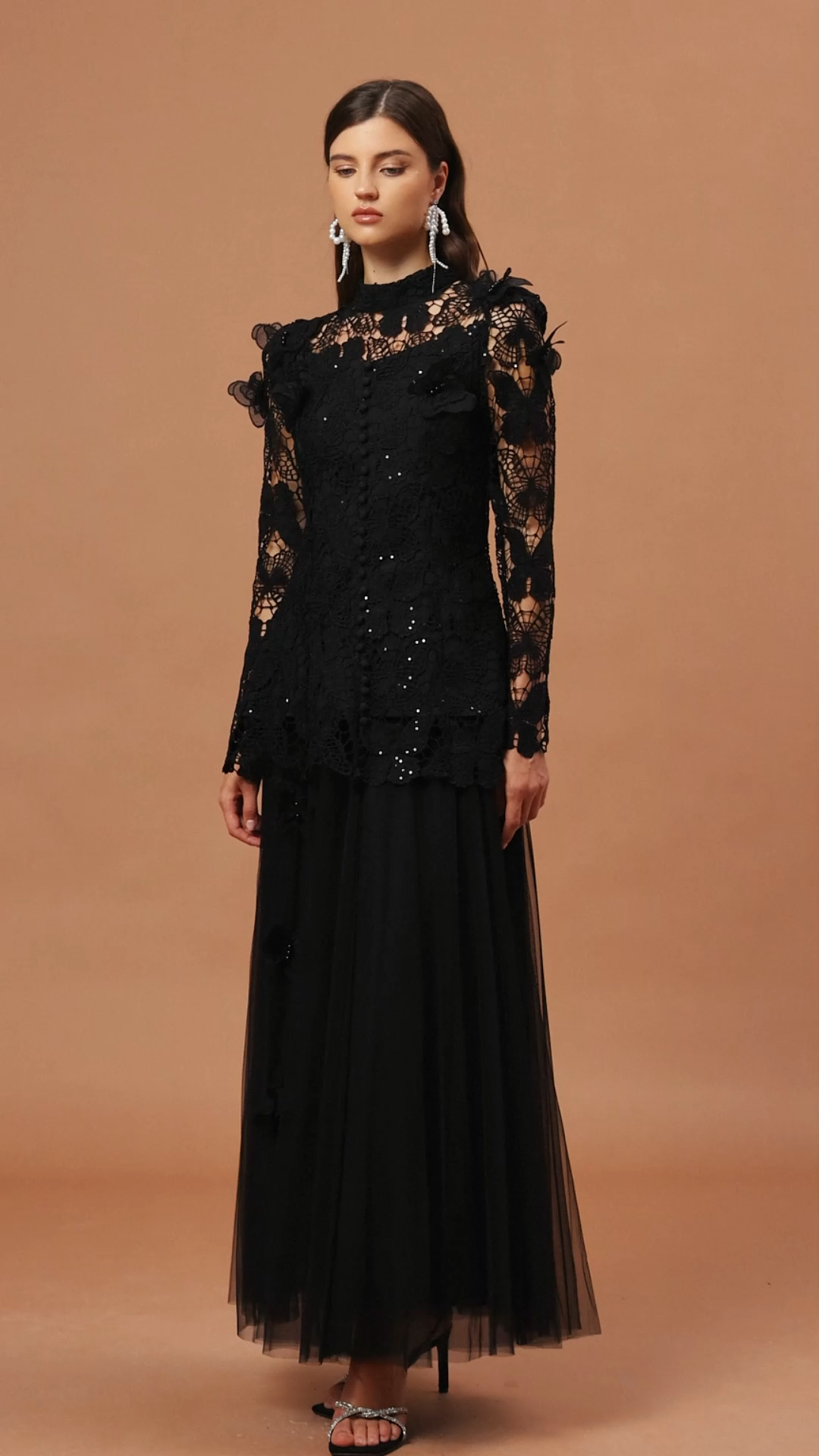 Okama Long Sleeve Folds Lace Butterfly Top And Skirt Two-Piece Set