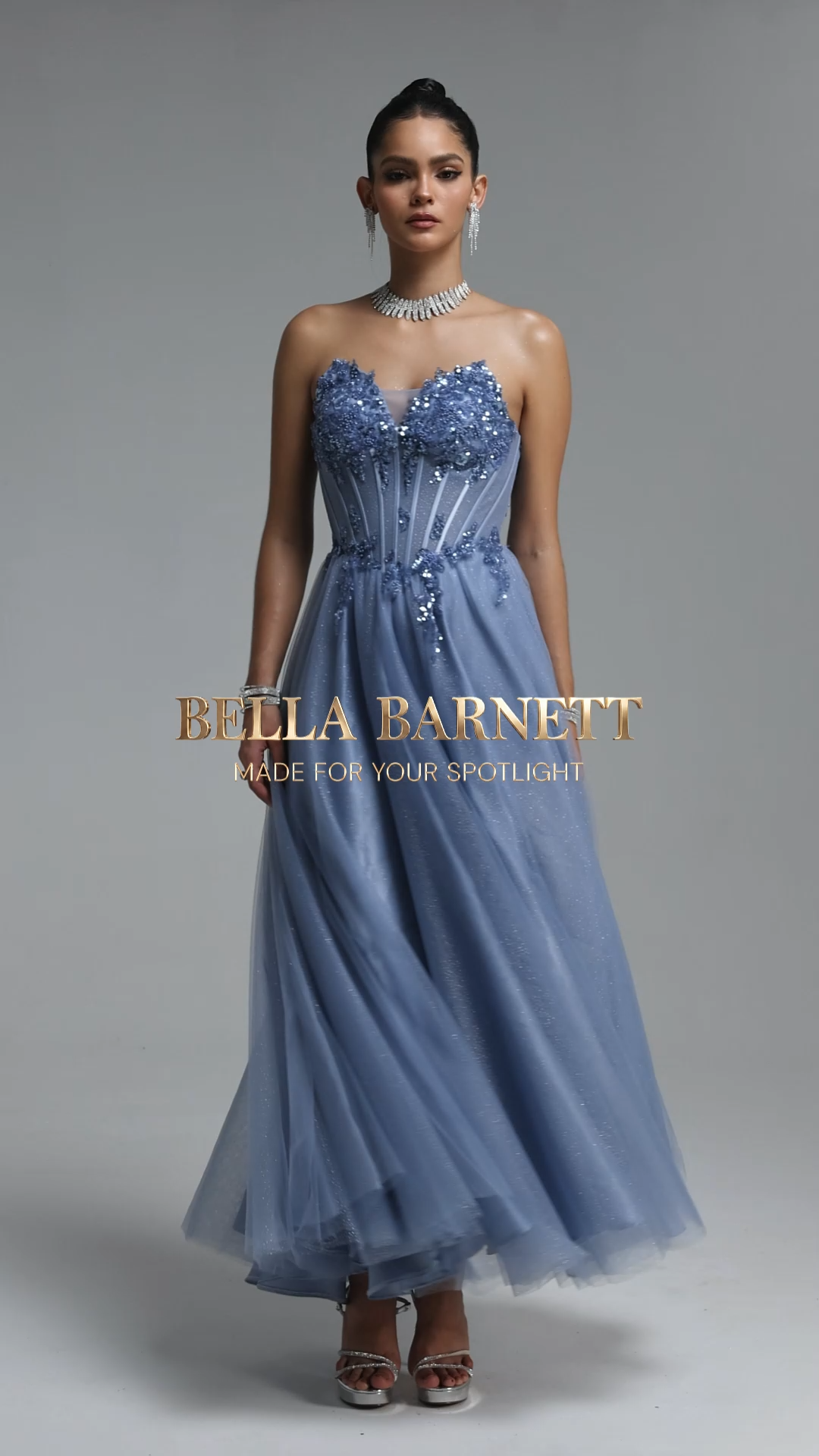 Naida Elegant Strapless Corset Floral Glitter Tulle Gray Maxi Dress