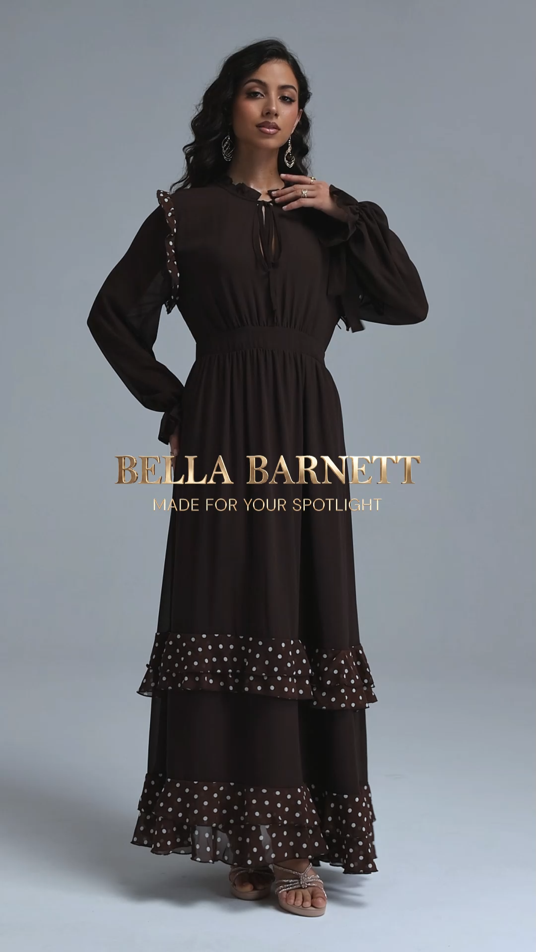 Huresa Vintage Flowy Long Sleeve Polka Dot Ruffle Woven Maxi Dress