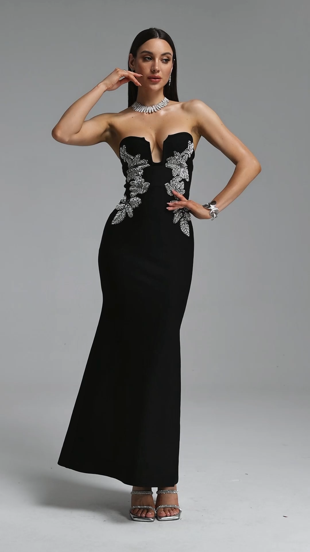 Elora Chic Contour Strapless Rhinestone Floral Bandage Maxi Dress