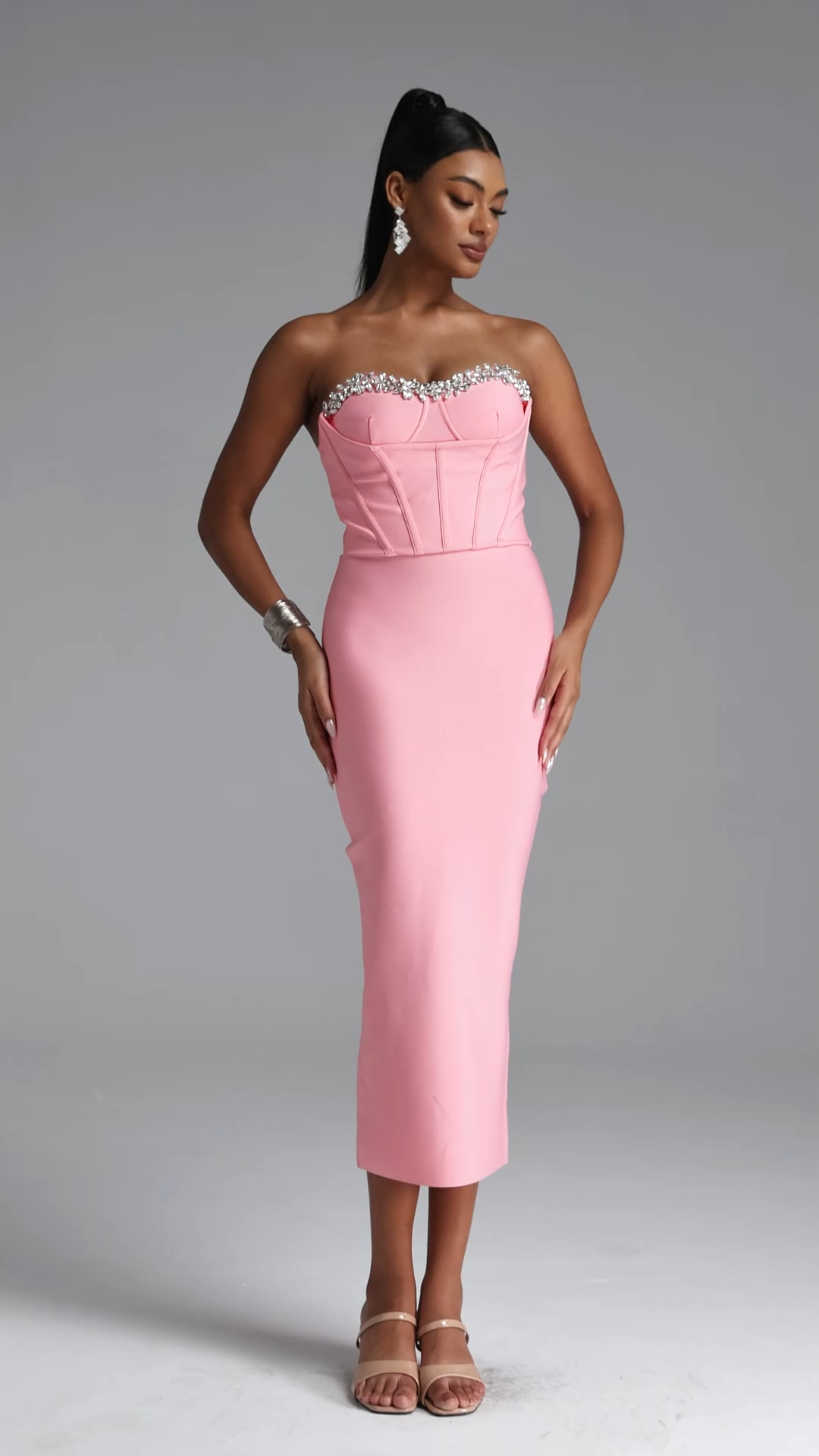 Myrna Romantic Contour Strapless Contour Rhinestone Bandage Maxi Dress