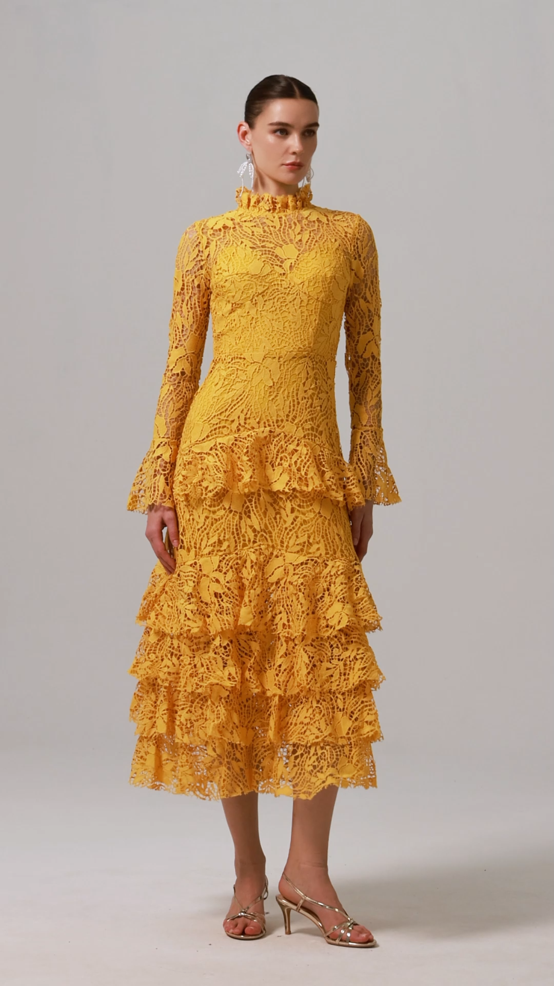 Miranda Long Sleeve Folds Lace Hollow Out Maxi Dress