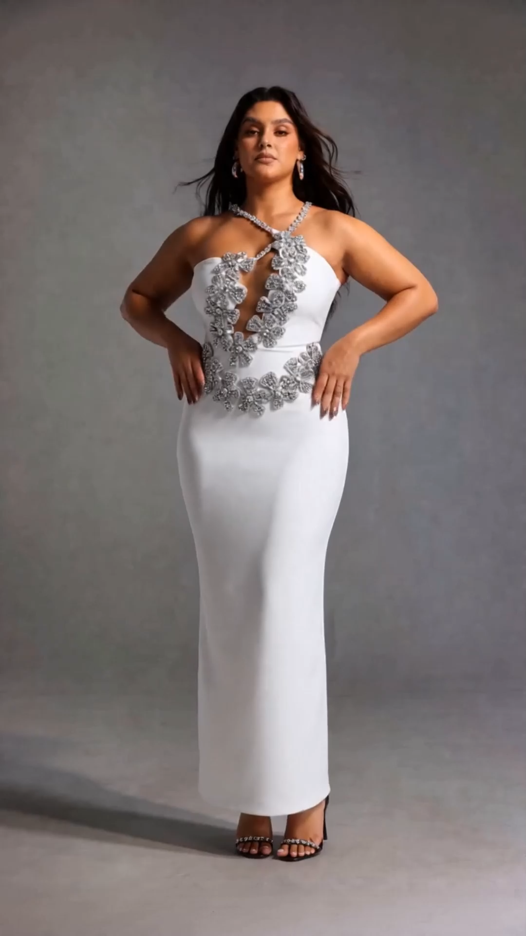 Veronic Glamorous Contour Halter Cut Out Rhinestone Floral Bandage Maxi Dress