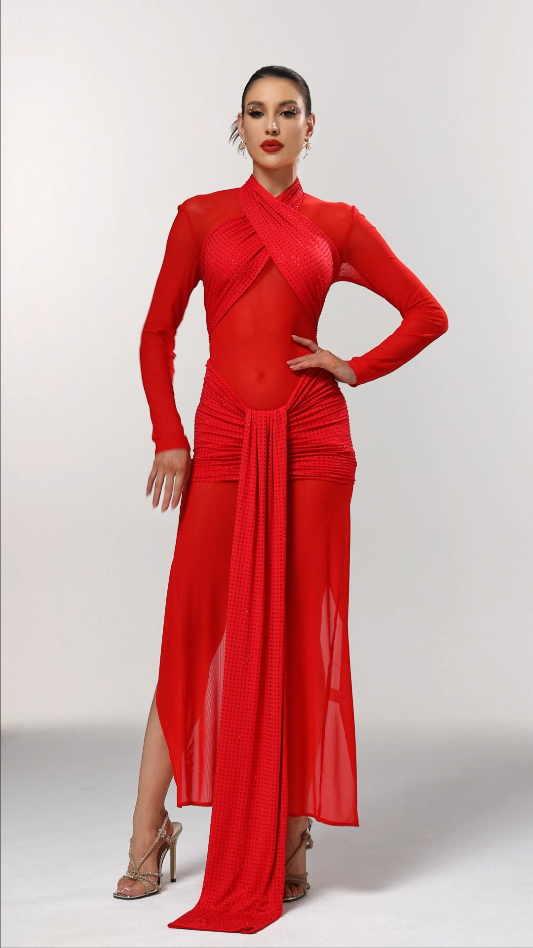 Yaliu Sexy Contour Long Sleeve Ruched Crystal Mesh Maxi Dress