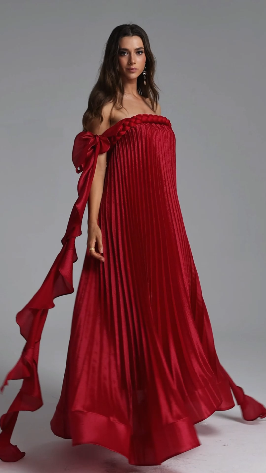 Parker Romantic Flowy Off Shoulder Braided Pleated Ruffle Maxi Dress