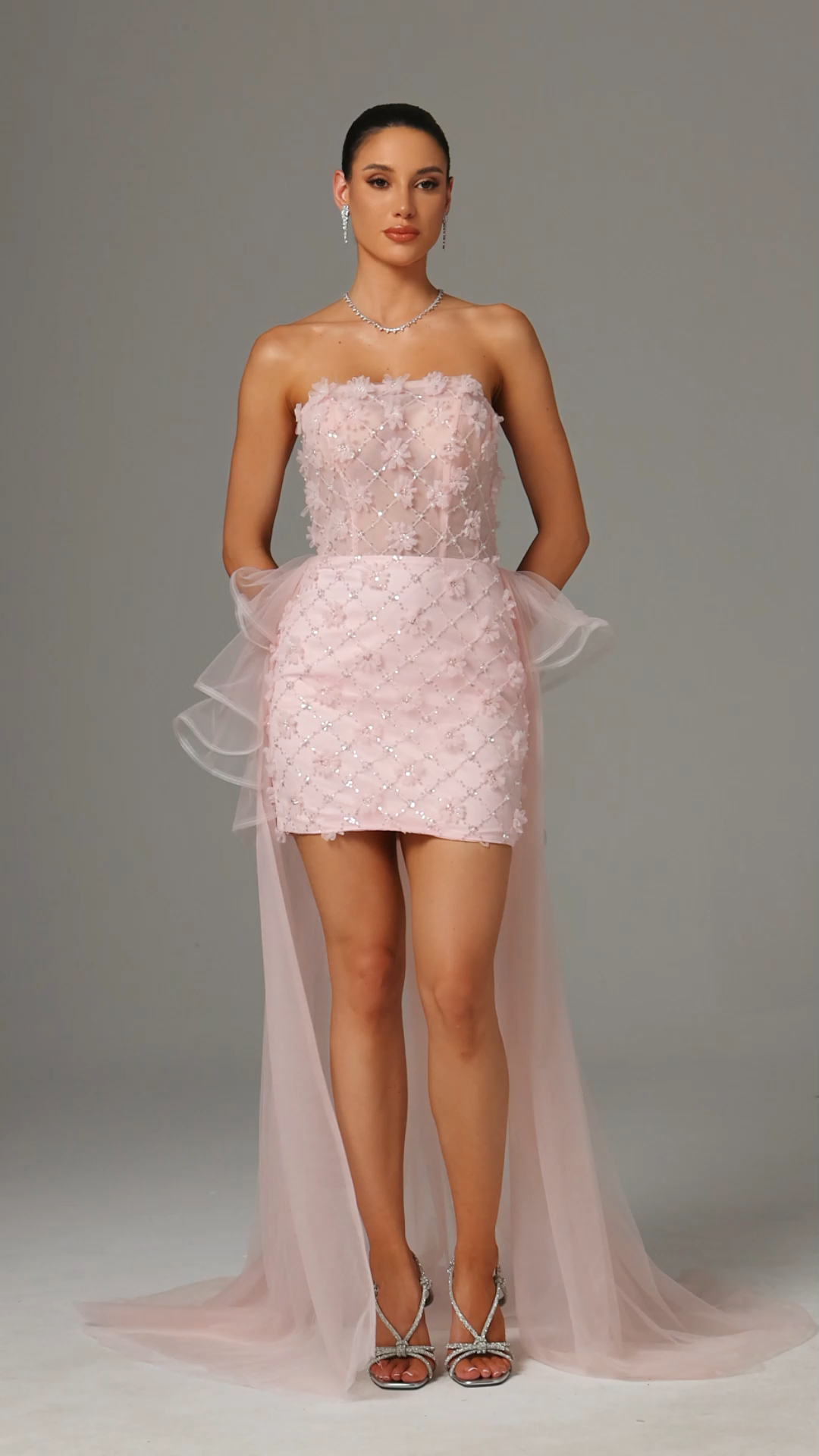 Valri Strapless Floral Beaded Mini Dress With Train