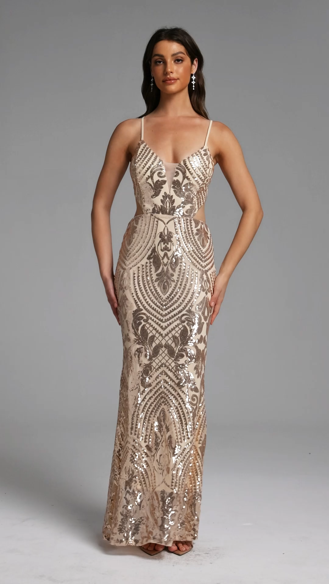 Gani Chic Contour Deep V Sequin Gold Maxi Dress