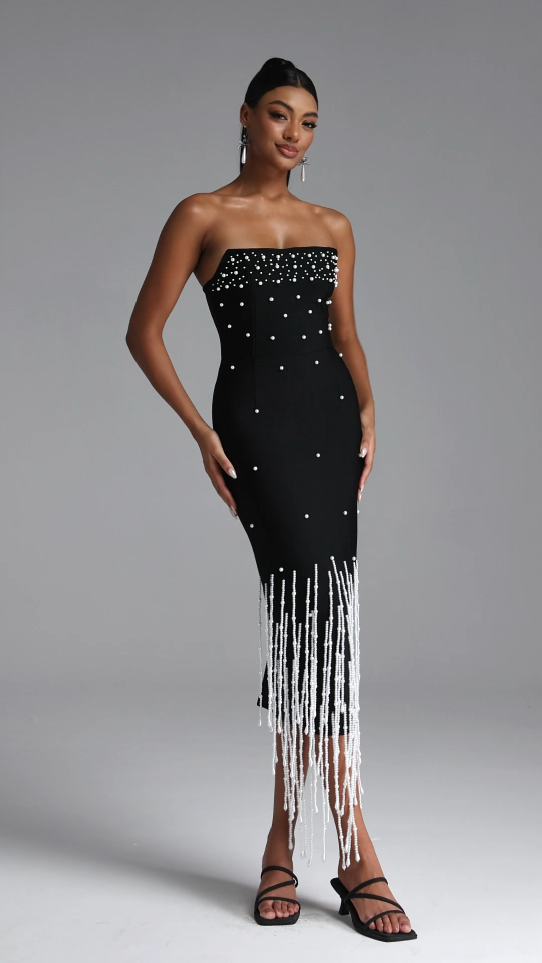 Lafare Chic Contour Strapless Pearl Fringe Bandage Maxi Dress