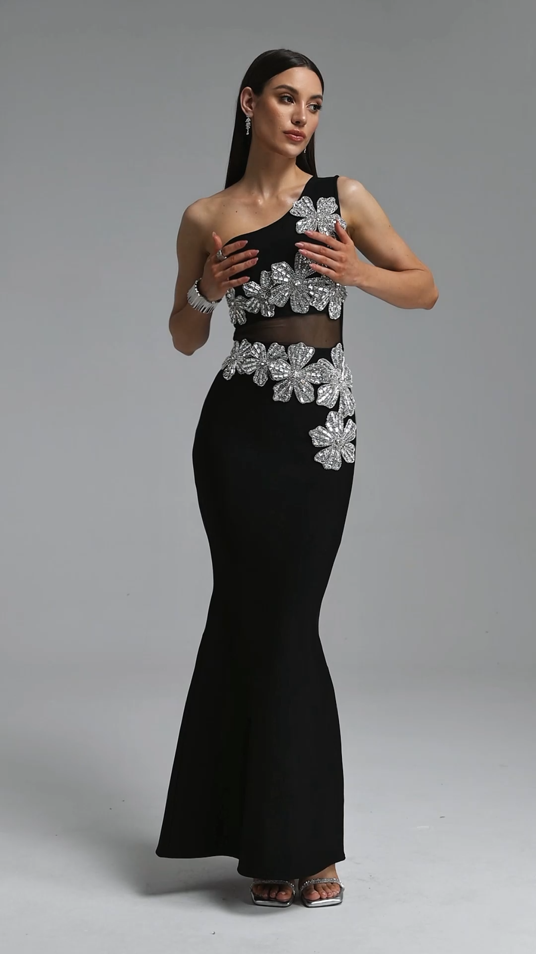 Retale One Shoulder Diamond Flowers Bandage Maxi Dress