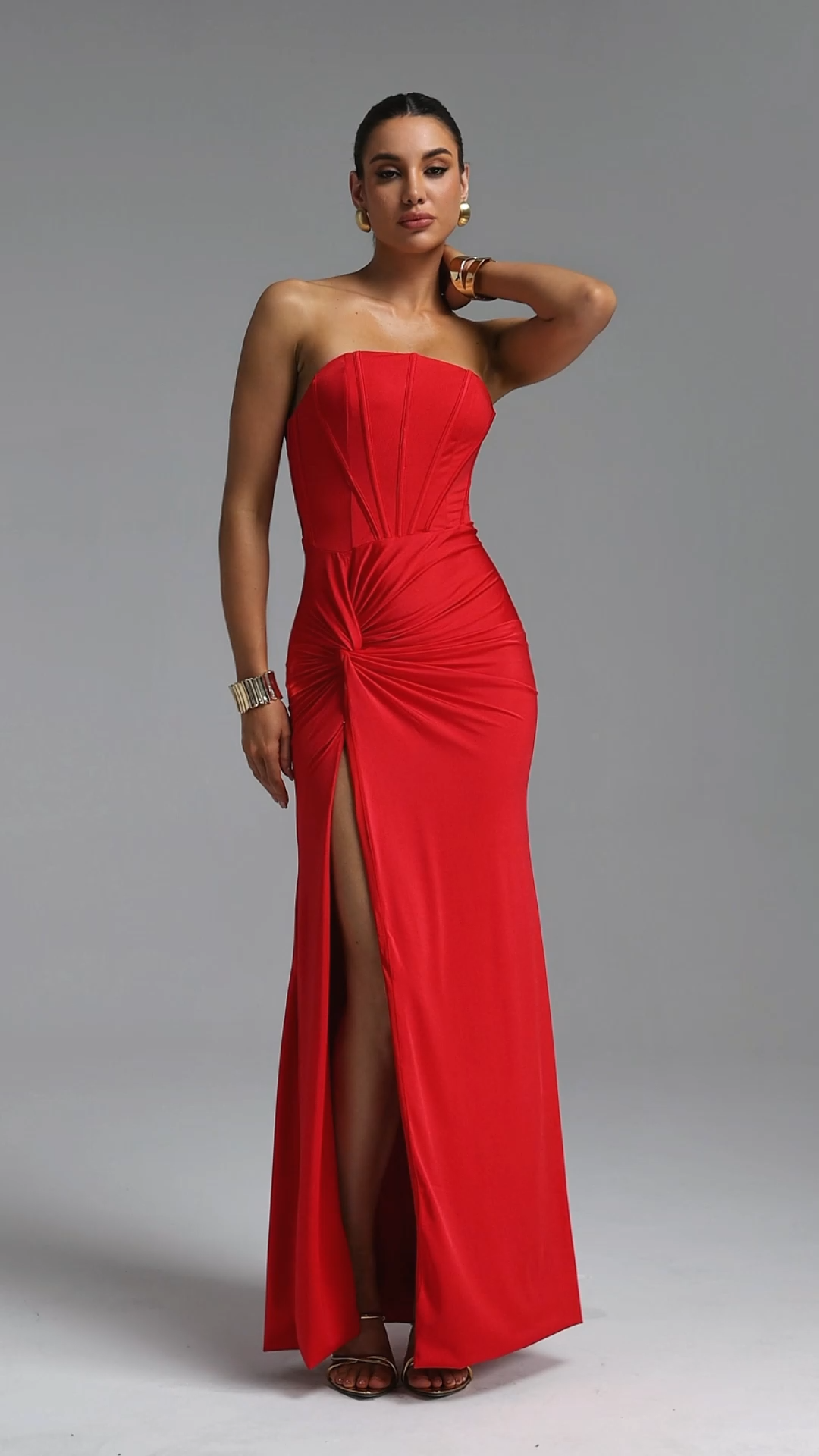 Malvina Light Luxury Waist-Cinching Strapless Boned Knit Twist Ruched High Slit Bodycon Mermaid Maxi Evening Dress