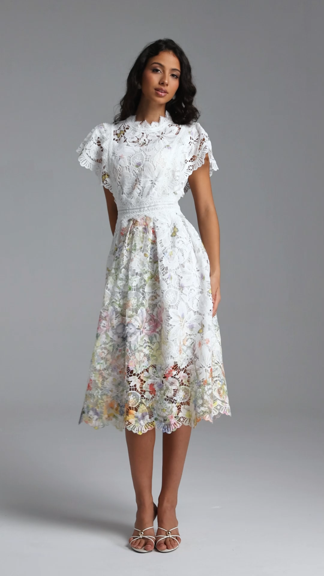 Leanna Resort Flowy Short Sleeve Floral Print Lace Midi Dress
