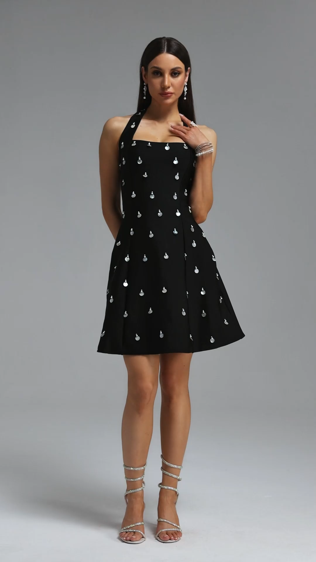 Dotte Exquisite Cinched Waist Halter Shell Decor A Line Black Bandage Mini Dress