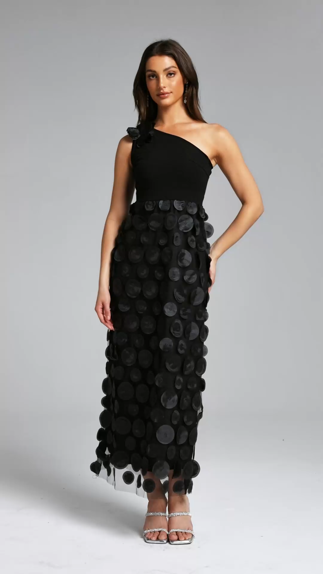 Kelza Chic Contour One Shoulder Floral Circle Pattern Knit Maxi Dress