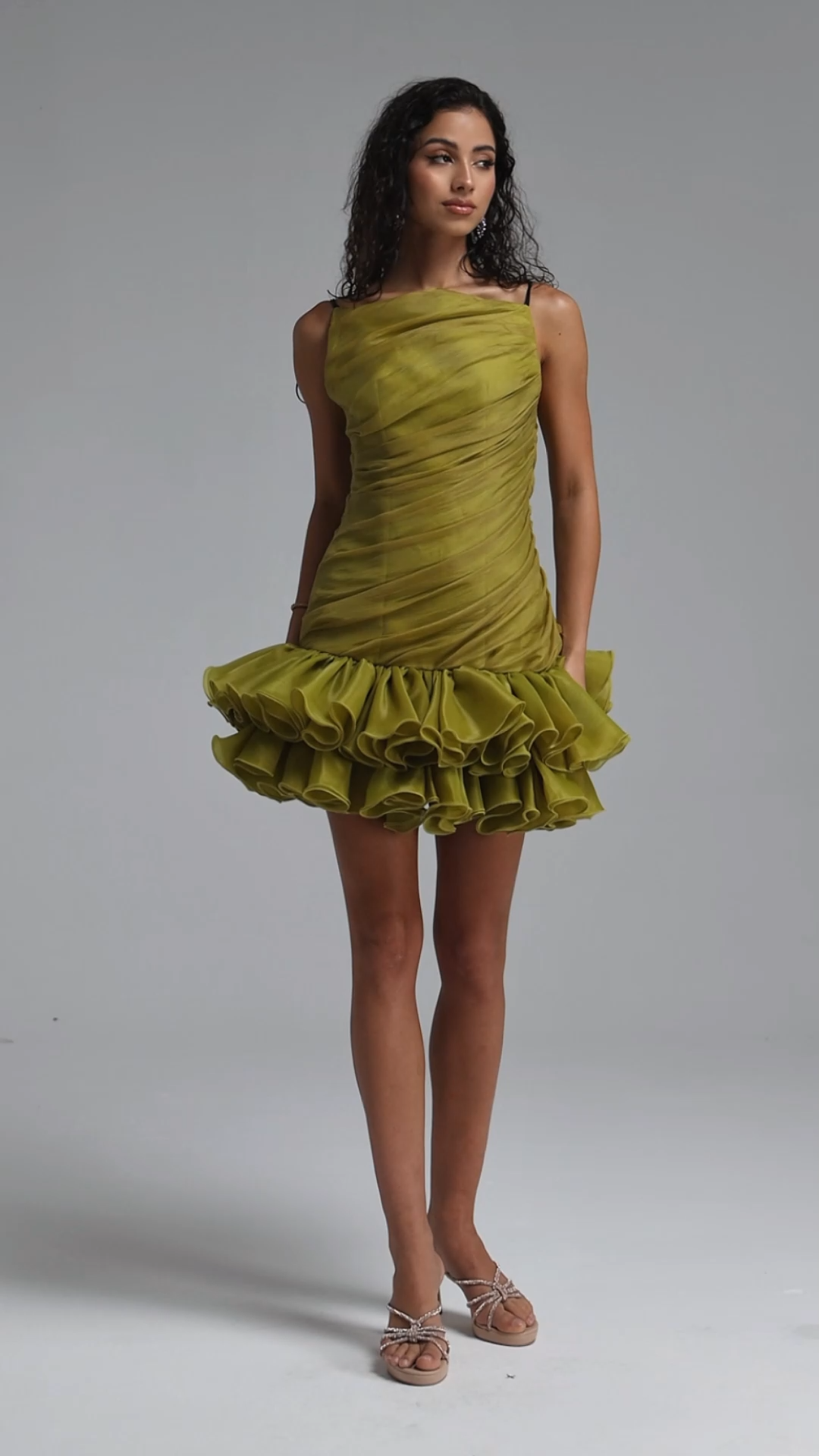 Doe Chic Flowy Ruched Tiered Ruffle Mini Dress