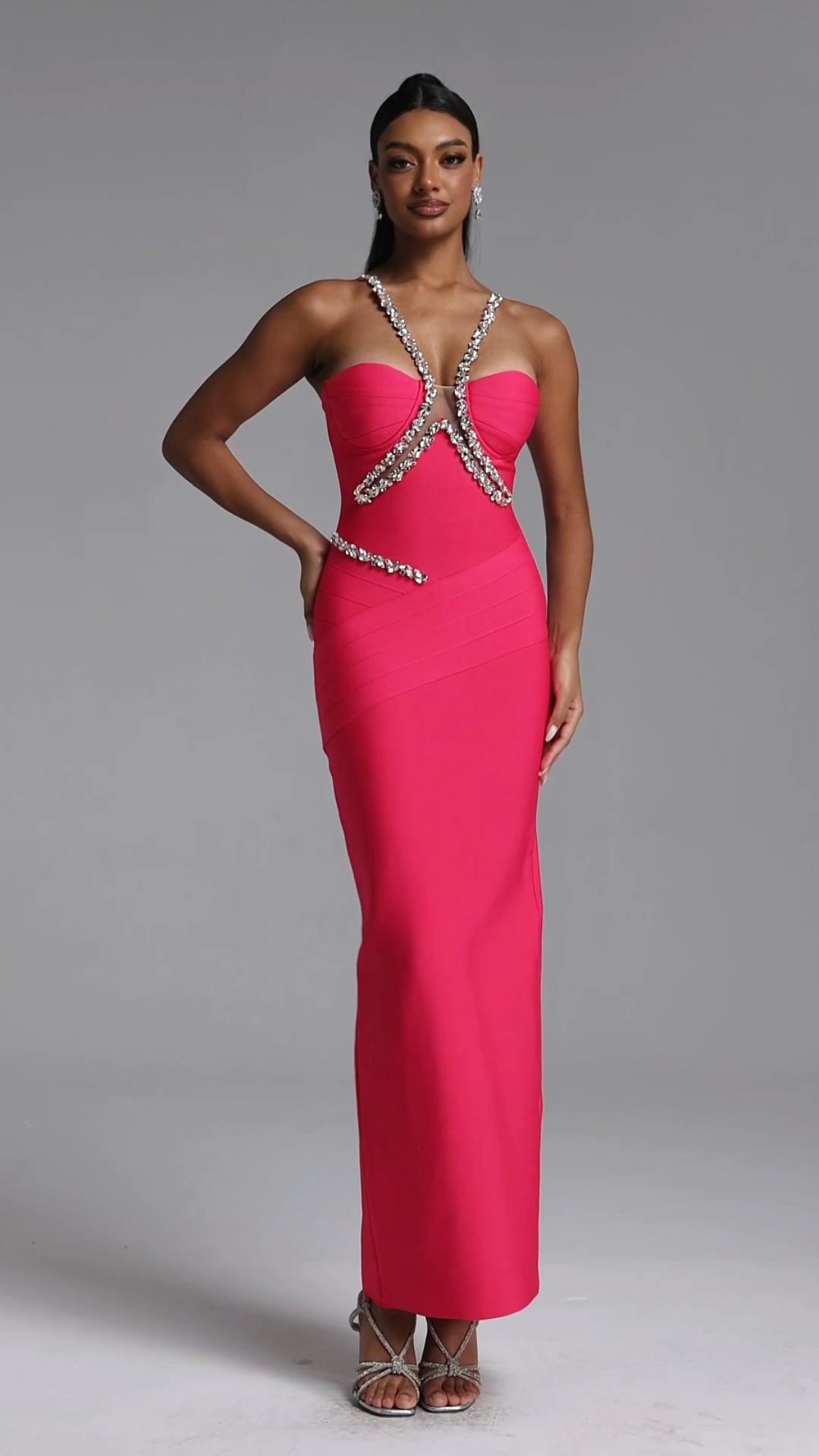 Mota Romantic Contour Halter V Neck Rhinestone Bandage Maxi Dress