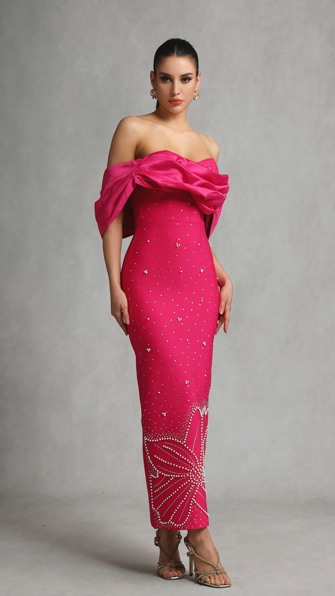 Winify Off Shoulder Rhinestone Bandage Maxi Dress