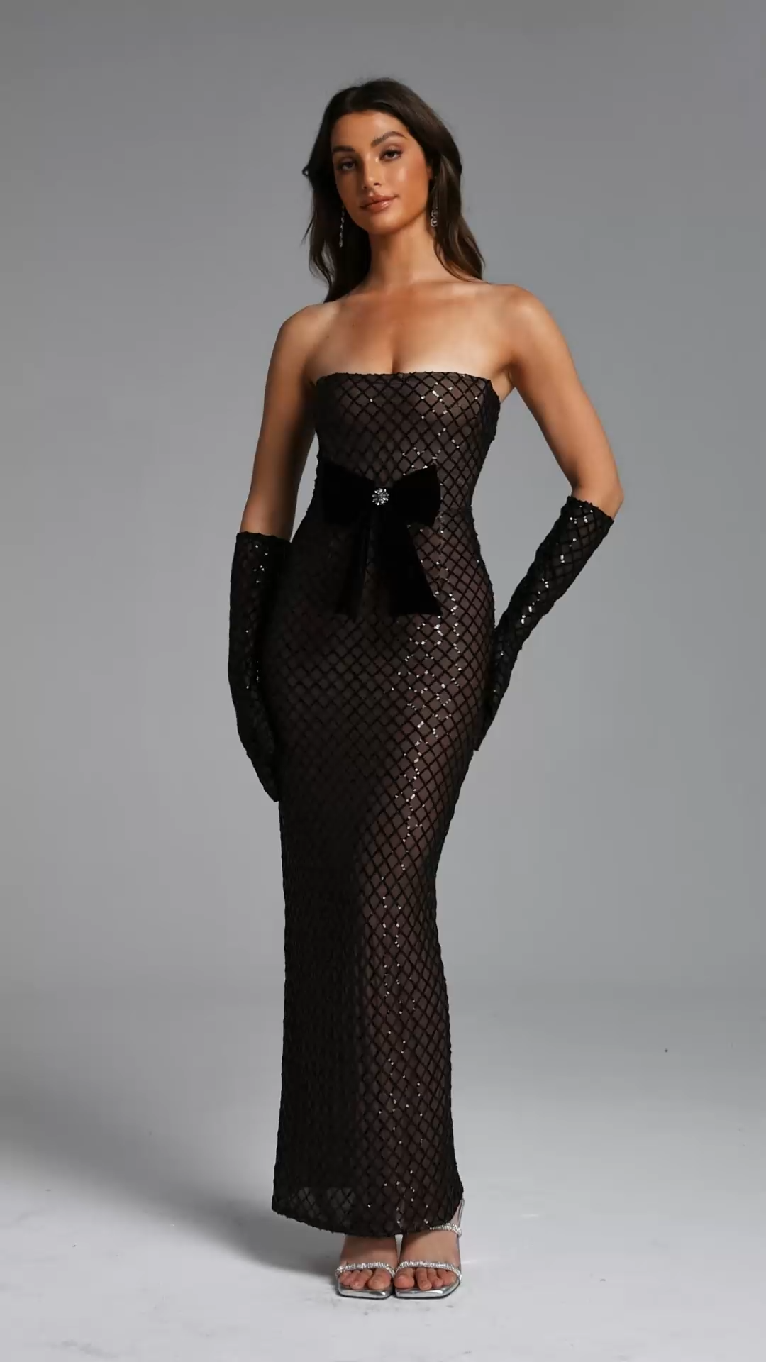 Rosella Chic Contour Strapless Bow Embellished Sequin Mesh Maxi Dress