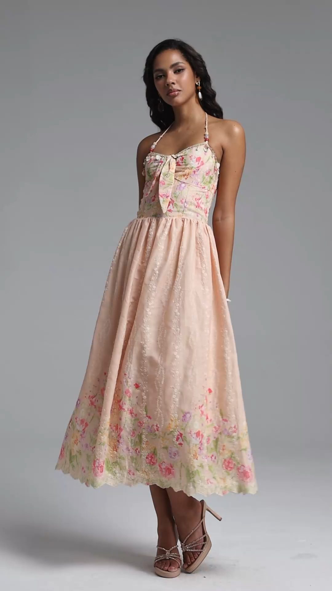 Emory Resort Flowy Spaghetti Strap Bow Floral Print Woven Pink Maxi Dress