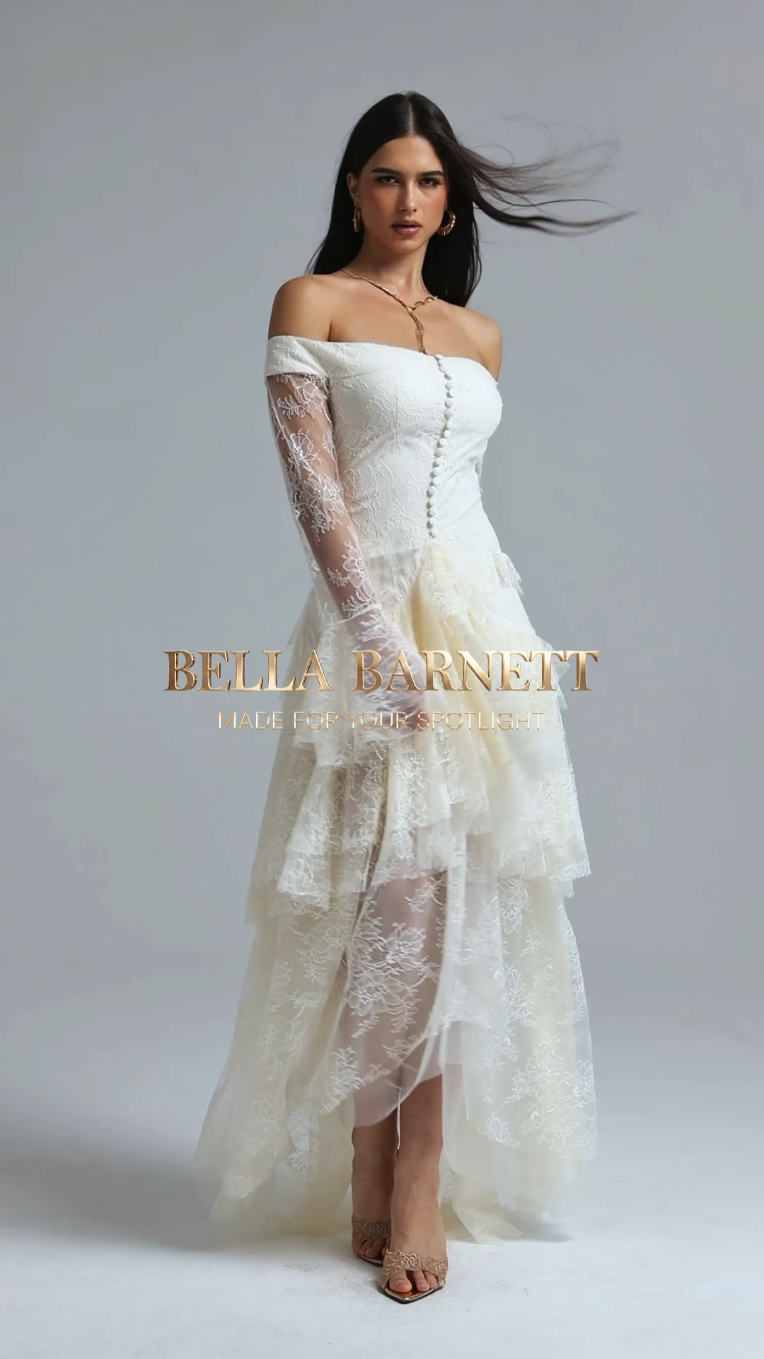 Garela Romantic Off Shoulder Long Sleeve Multi Layer Ruffle Lace Maxi Dress