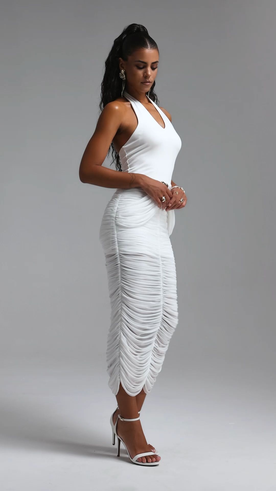 Mavis Classic Halter V Neck Metal Buckle Ruched Maxi Dress