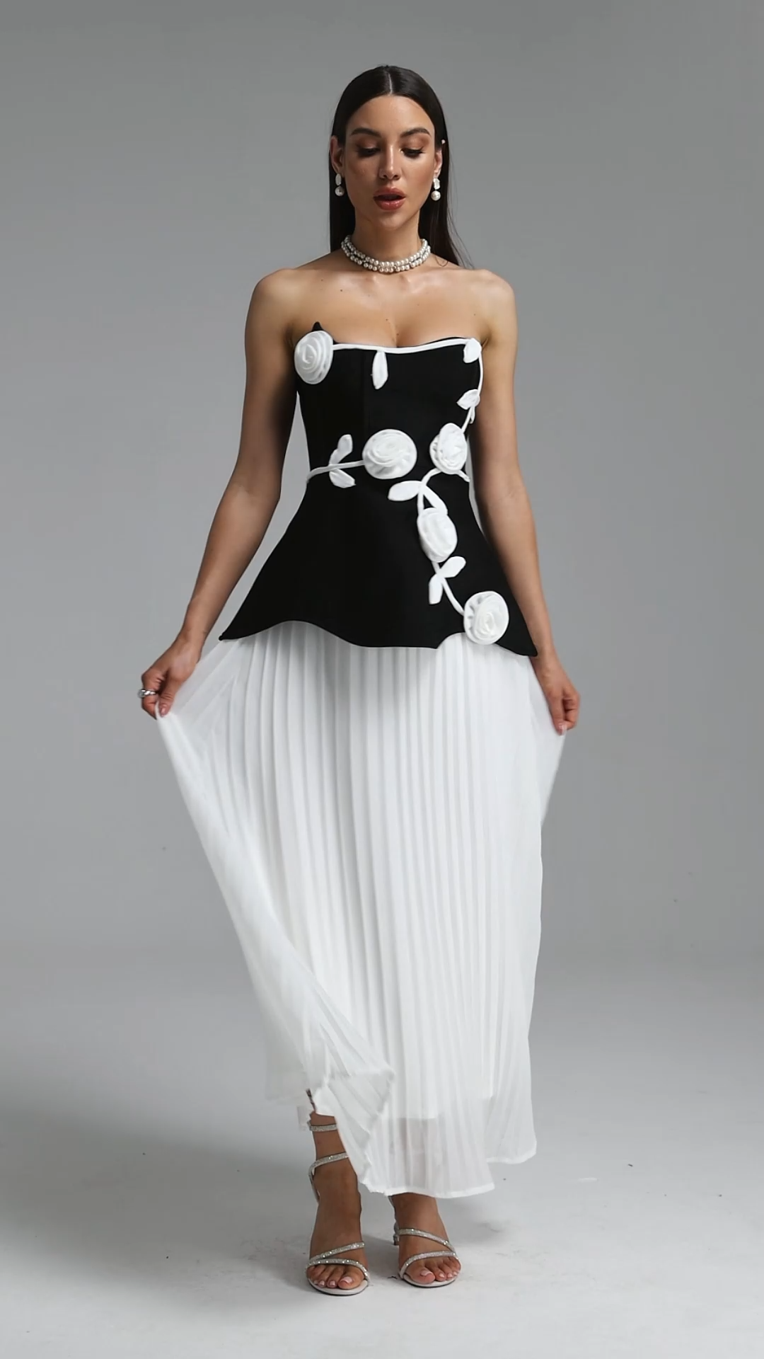 Niavia Elegant Strapless Floral Pleated Bandage Maxi Dress