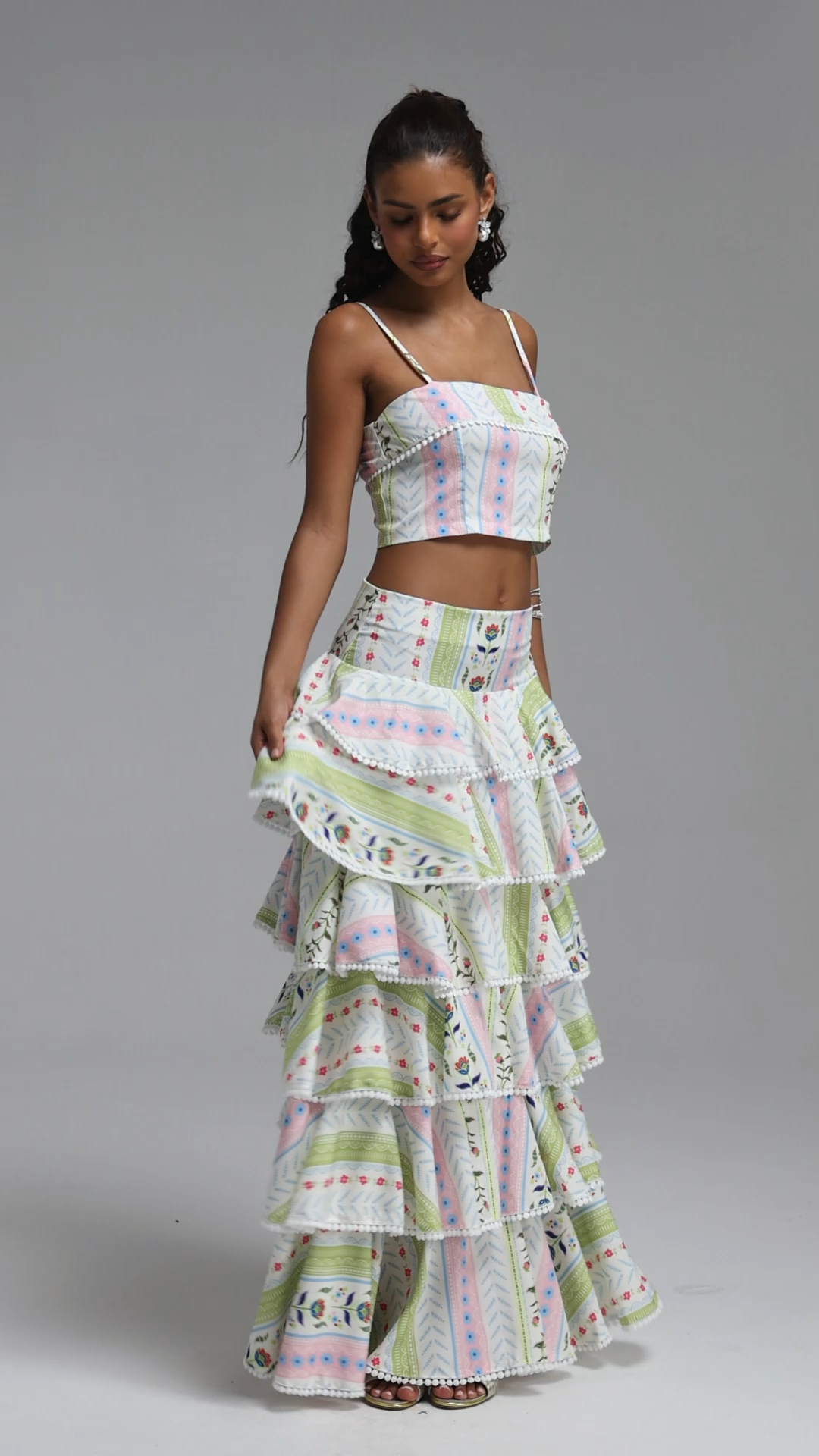 Tanria Resort Tailored Spaghetti Strap Print Woven Top and Skirt Two Piece Set
