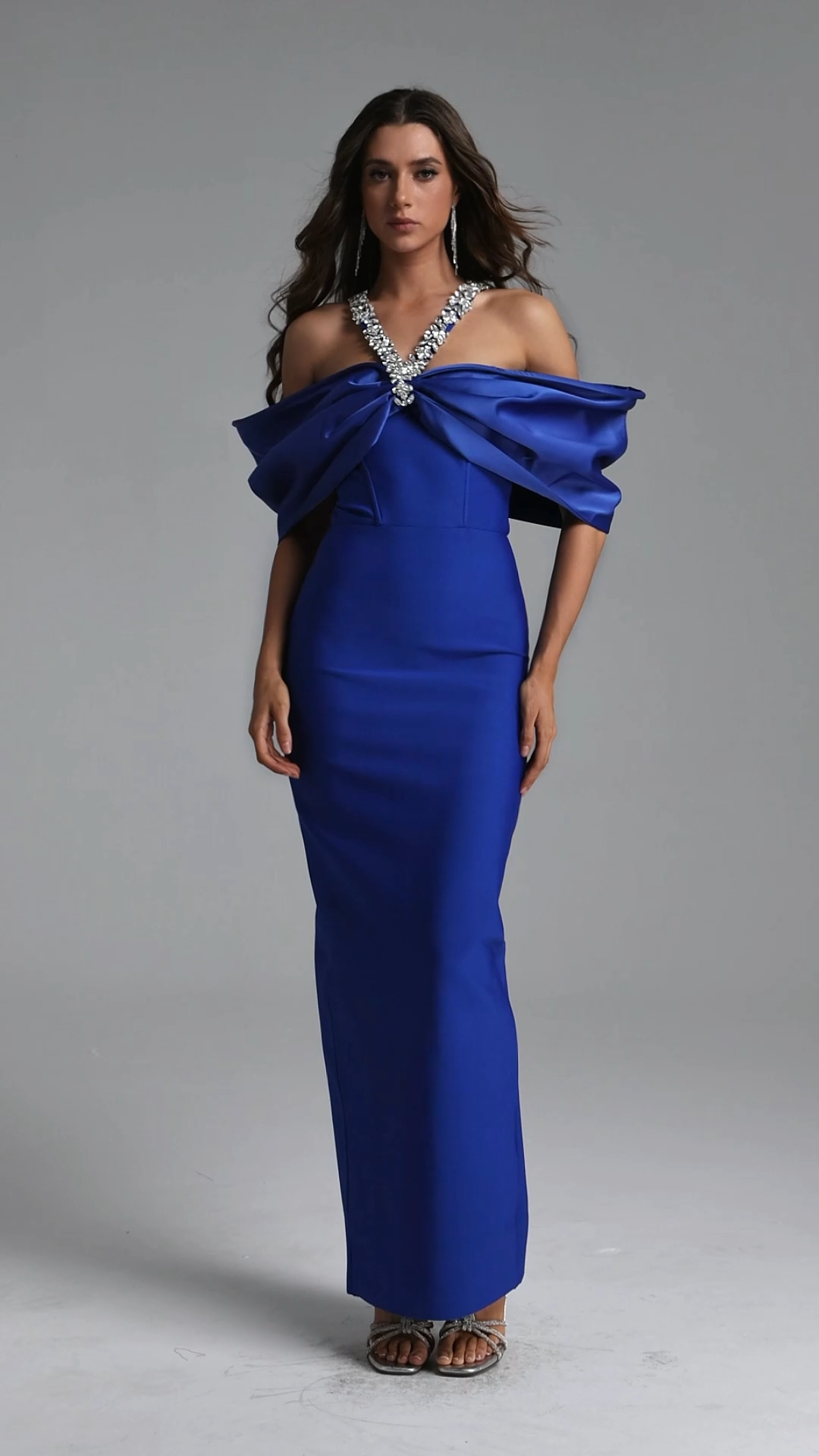 Sloan Halter Diamond Off Shoulder Bandage Blue Maxi Dress