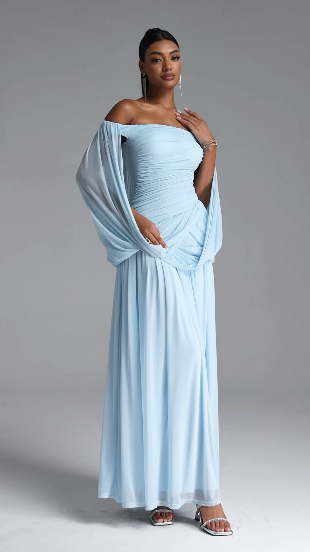 Harena Elegant Contour Off Shoulder Ruched Blue Maxi Dress