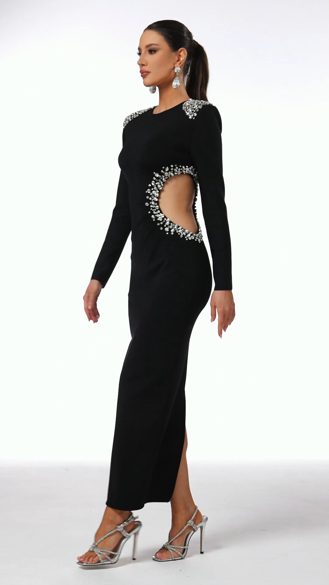 Oliay Long Sleeves Hollow Out Diamond Bandage Maxi Dress