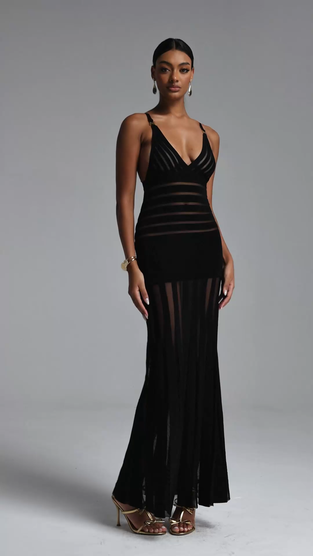 Tearnie Sexy Contour V Neck Stripe Cut Out Maxi Dress