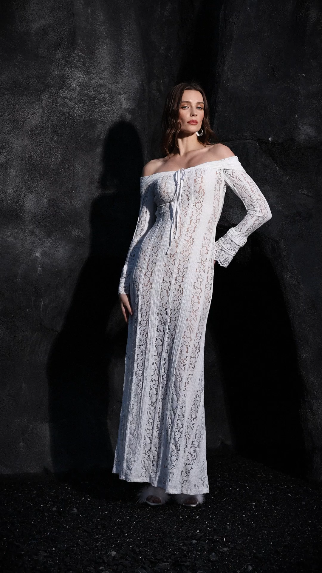 Tris One Shoulder Long Sleeves Lace Maxi Dress