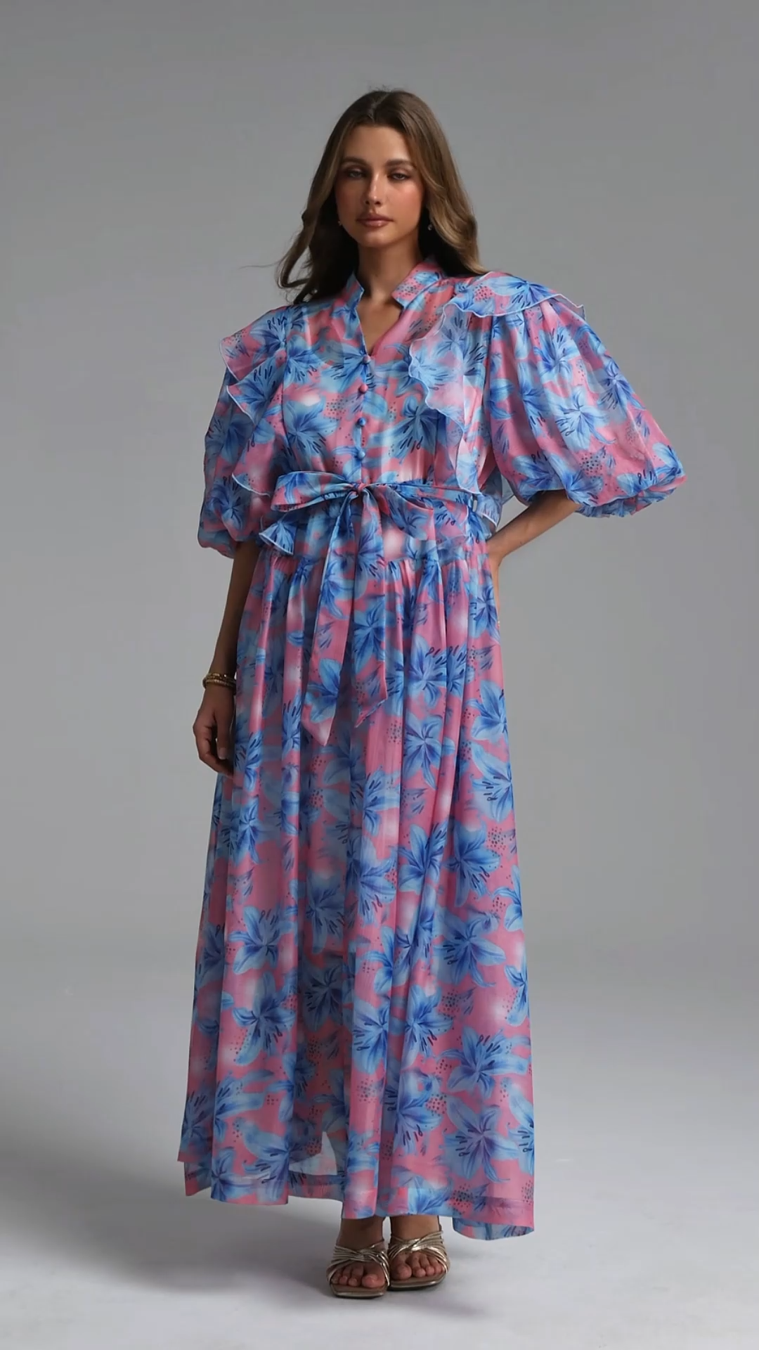 Vandra Resort Flowy Puff Sleeve Floral Print Organza Maxi Dress