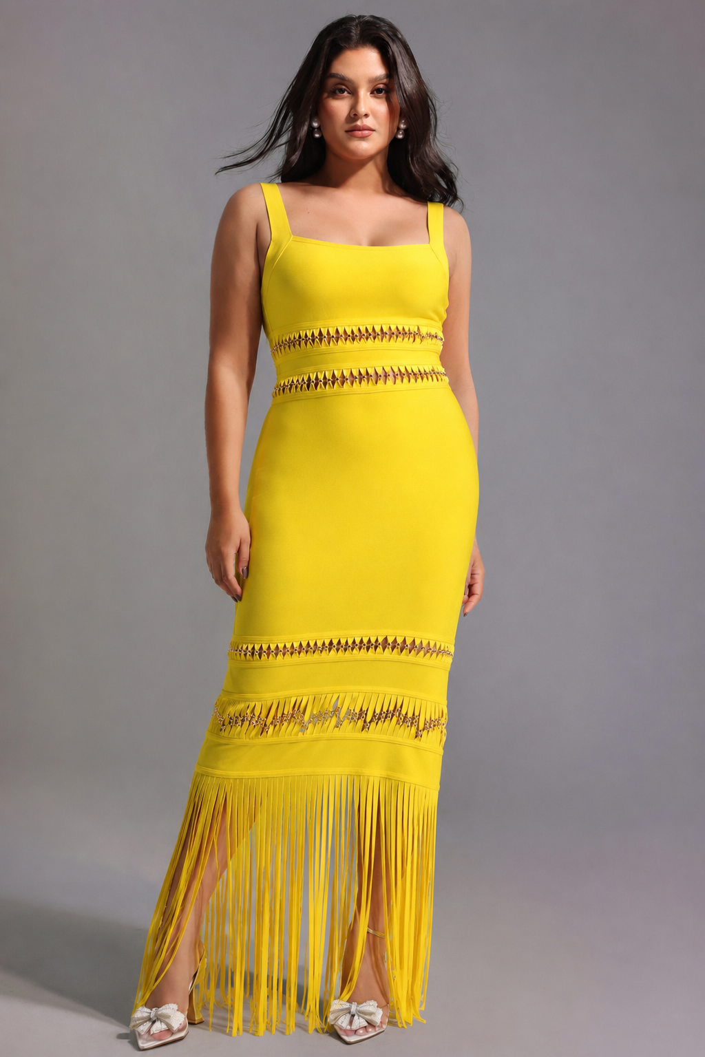 Shanley Chic Contour Sleeveless Beaded Fringe Bandage Maxi Dress