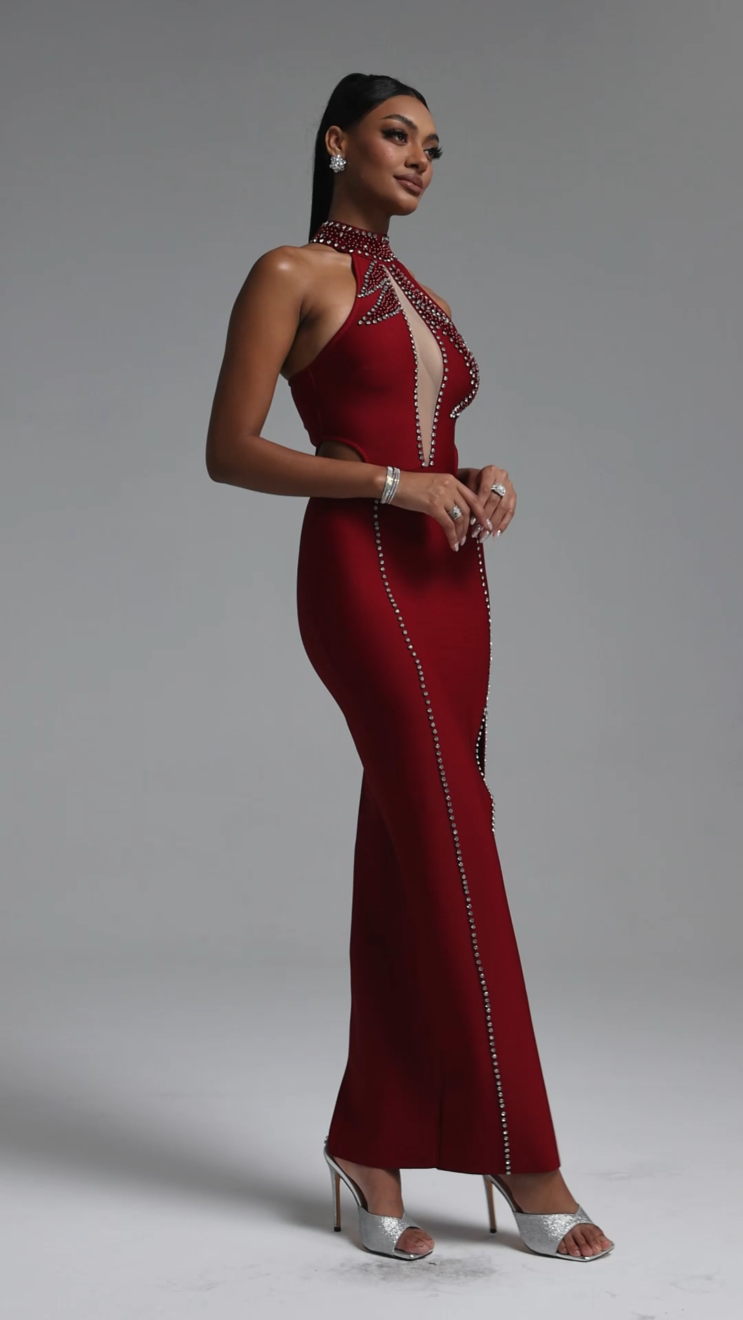 Kiyami Sexy Fitted Halter Rhinestone Hollow Slit Maxi Bandage Dress