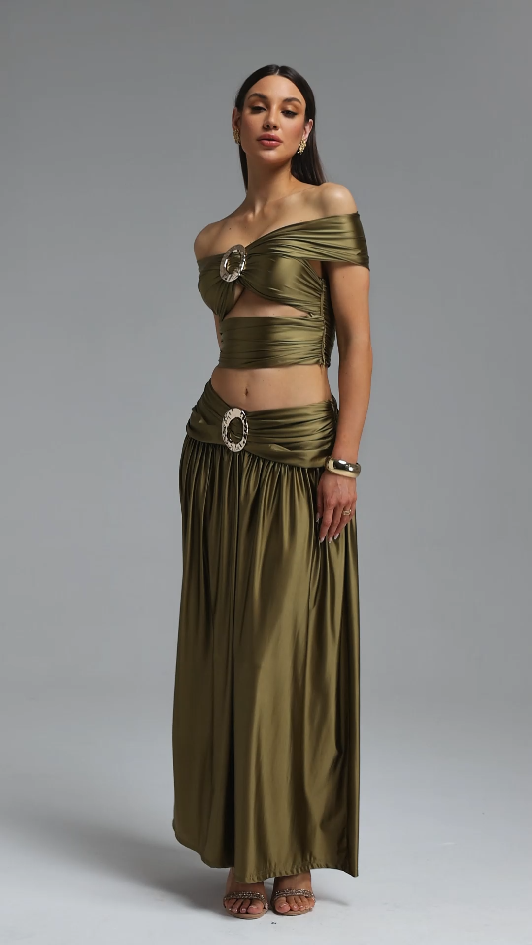 Elaina Sexy Contour Metallic Decor Off Shoulder Top Draped Ruched Midi Skirt Two Piece Set