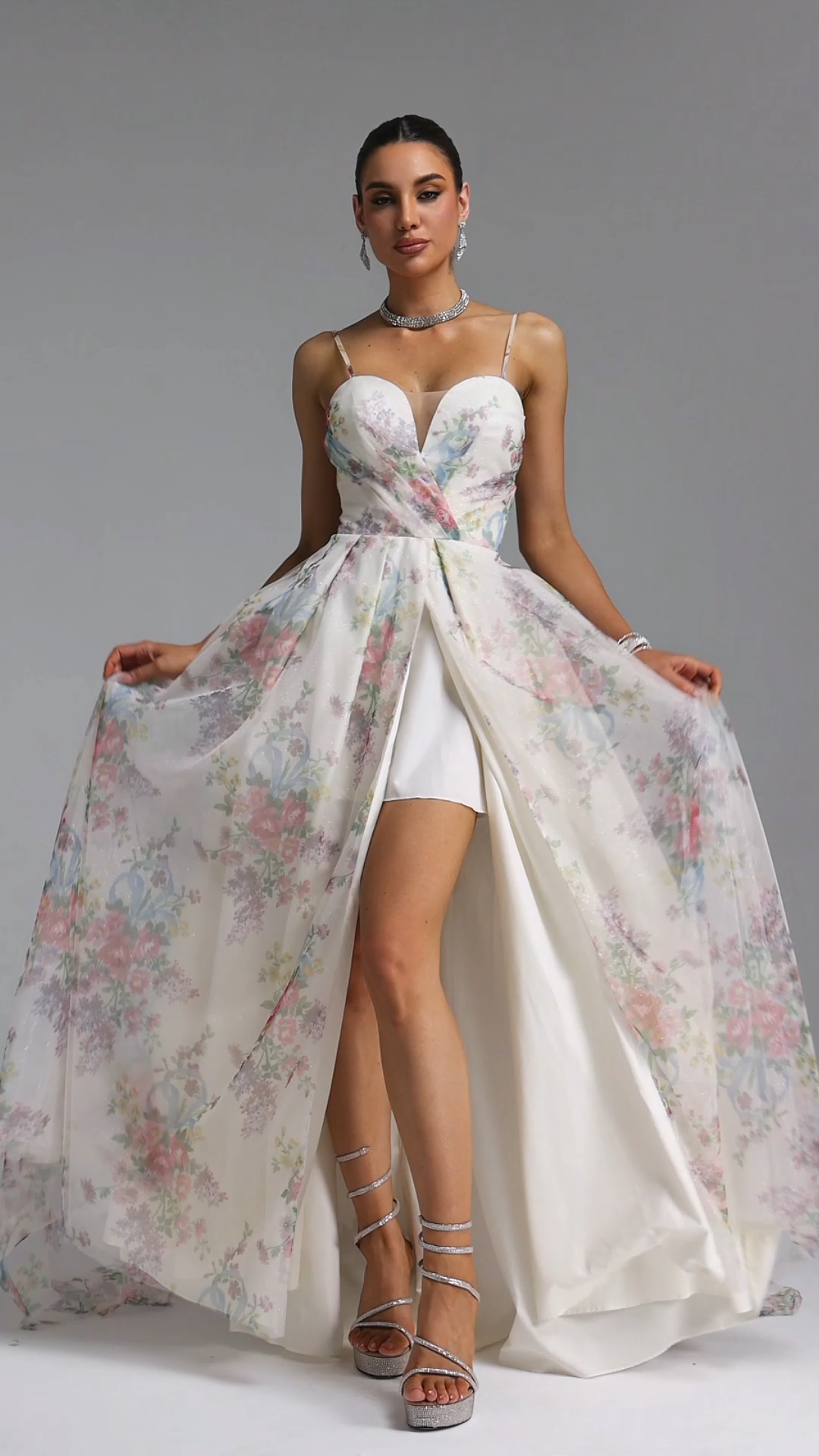 Romantic Tailored Deep V Pleated Printed Maxi Evening Dress