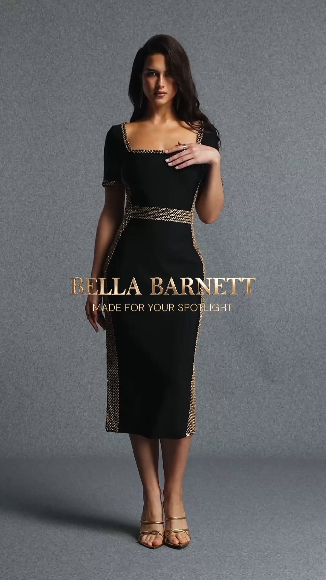 Lestie Chic Contour Short Sleeve Gold Trim Bandage Midi Dress